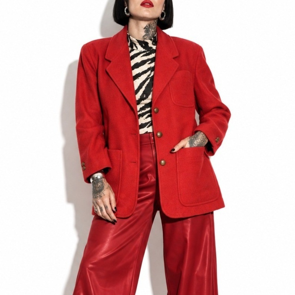 90s Vintage Lizsport Red Wool Barn Jacket Oversized Three Button Blazer Womens M